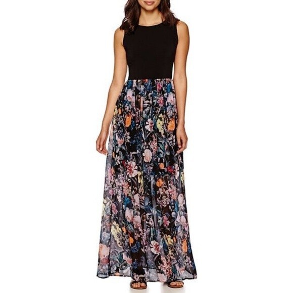 Trulli Womens Black Floral Chiffon Stretch Sleeveless Scoop Neck Maxi Dress XL