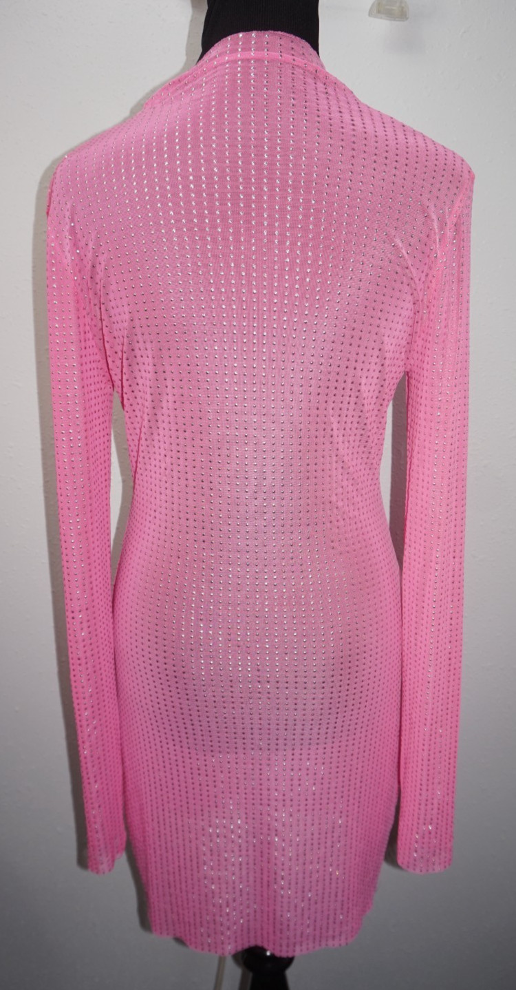 Pink Funnel Neck Mesh Semi Sheer Body Con Sexy Dress Sz L Coverup