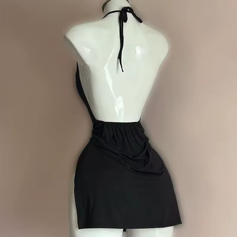 Black Backless Side Slit Halter Mini Dress Plunging V Neck Bodycon Lingerie