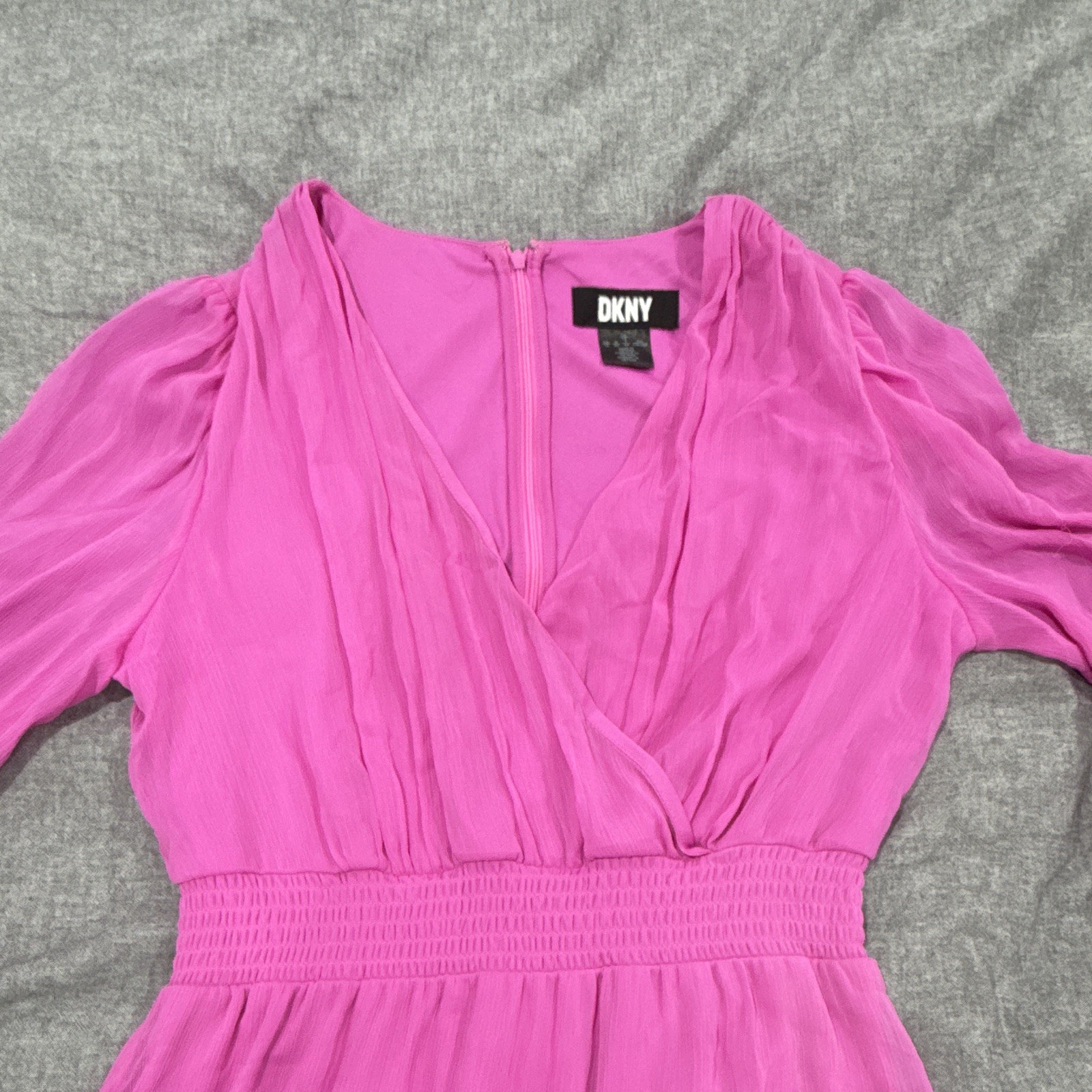 DKNY Pink Chiffon V-Neck Puff Long Sleeve Smocked Ruffle Knee Dress XL