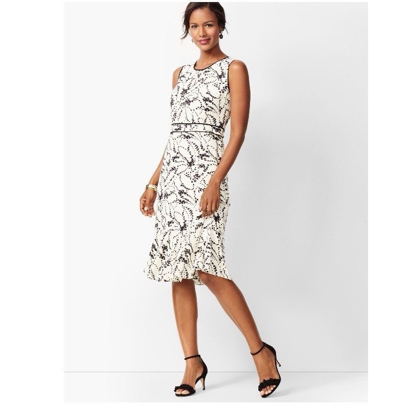 Talbots White Black Floral Flounce Hem Chiffon Sleeveless Dress Size 16