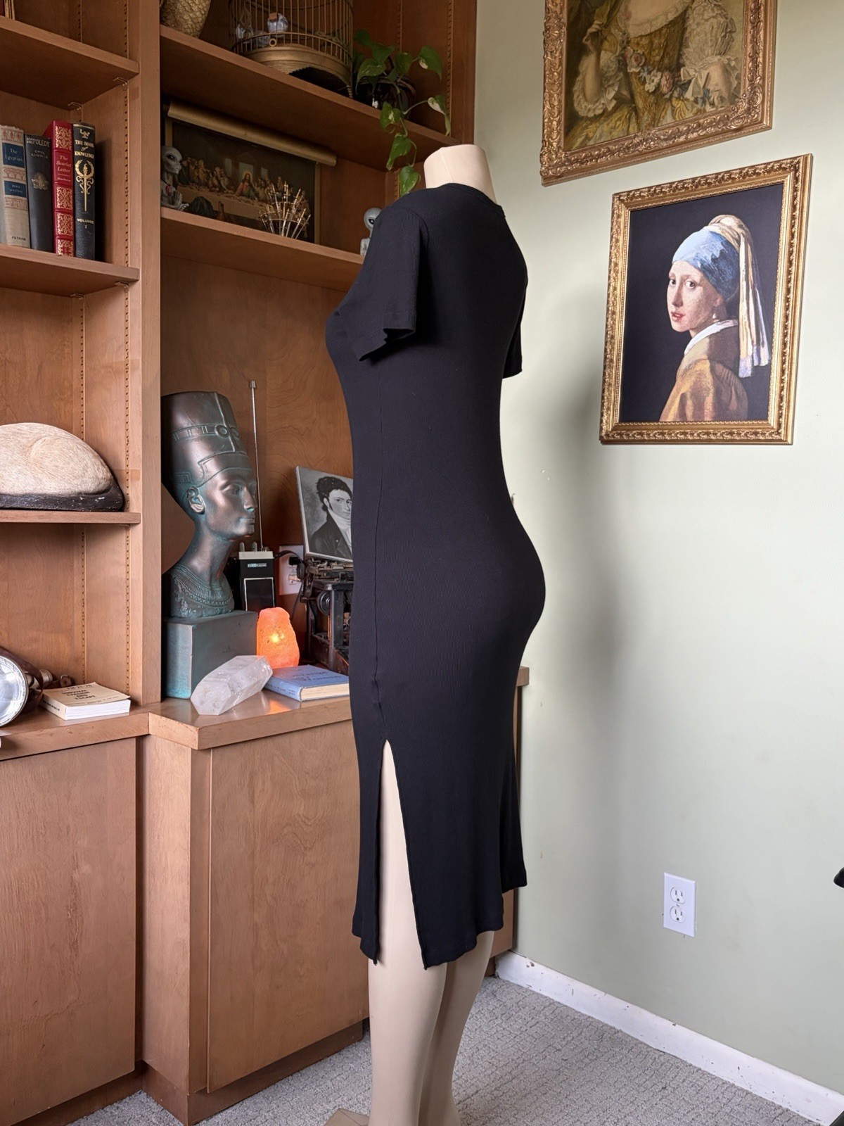 H & M Black Short-Sleeve Soft Rib Knit Midi Dress Size XS Dark Romantic Bodycon