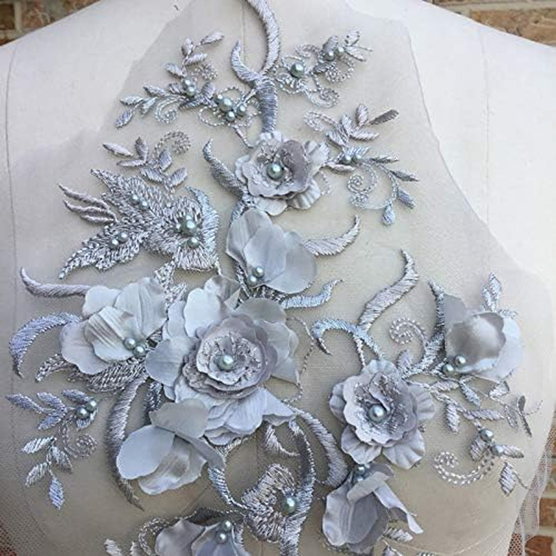 Variety of Colored Pearls Three-Dimensional Lace Flower Applique Dress/Performan