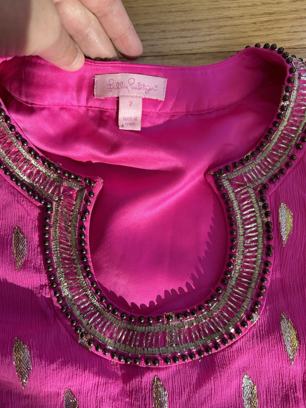 Lilly Pulitzer Amory Silk Dress Pink Gold Metallic Shift Bell Sleeve Size 2