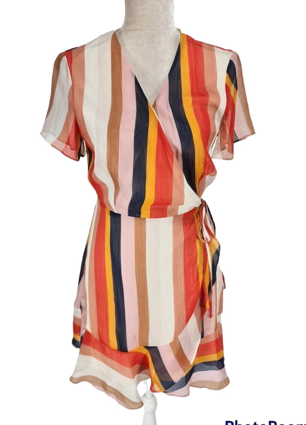 All in Favor Multi-Color Chiffon Real Wrap Mini Dress Women Size S Short Sleeve