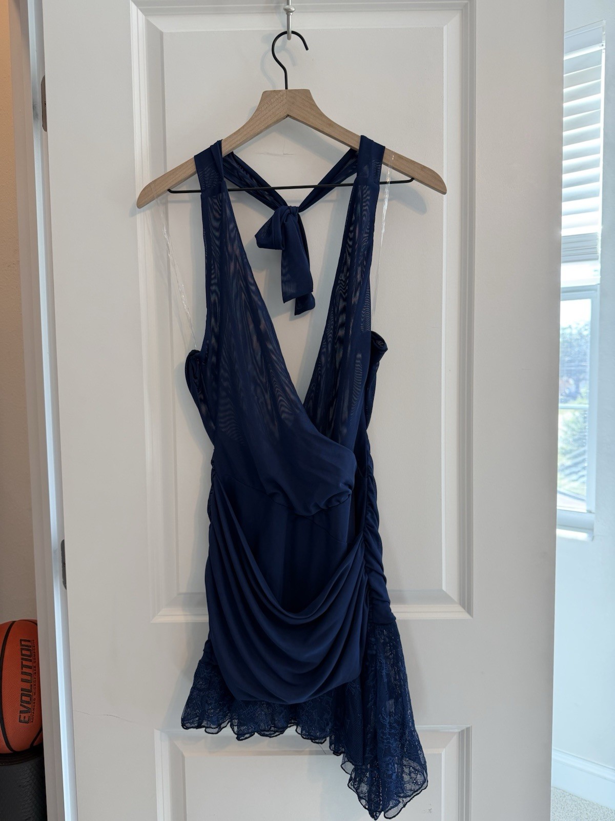 Peppermayo Raphaela Mini Dress -Navy Ruched Lace Hem Open Back V-Neck AU 8/US 4