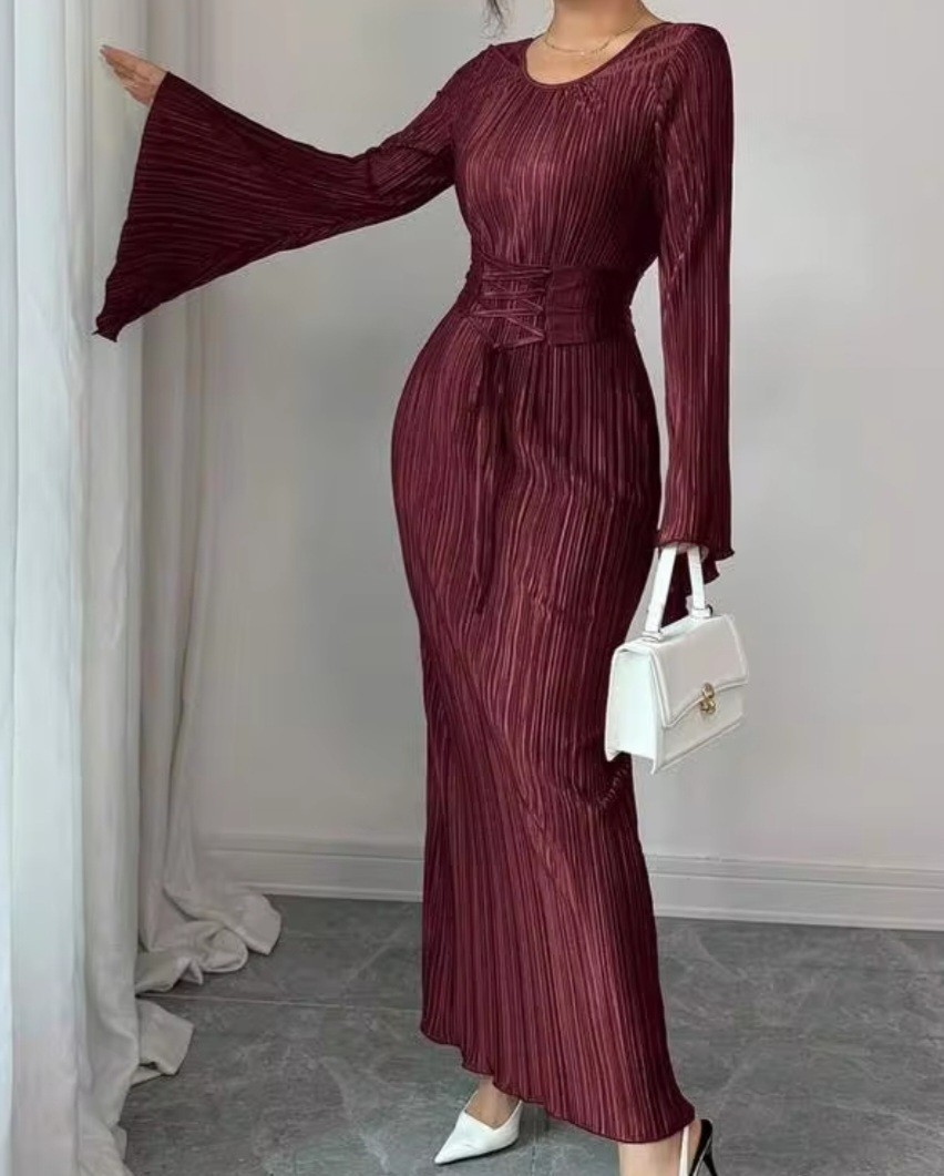 Elenzga Women’s Burgundy Autumn Round Neck Flare Sleeve Waist Tie Dress size S
