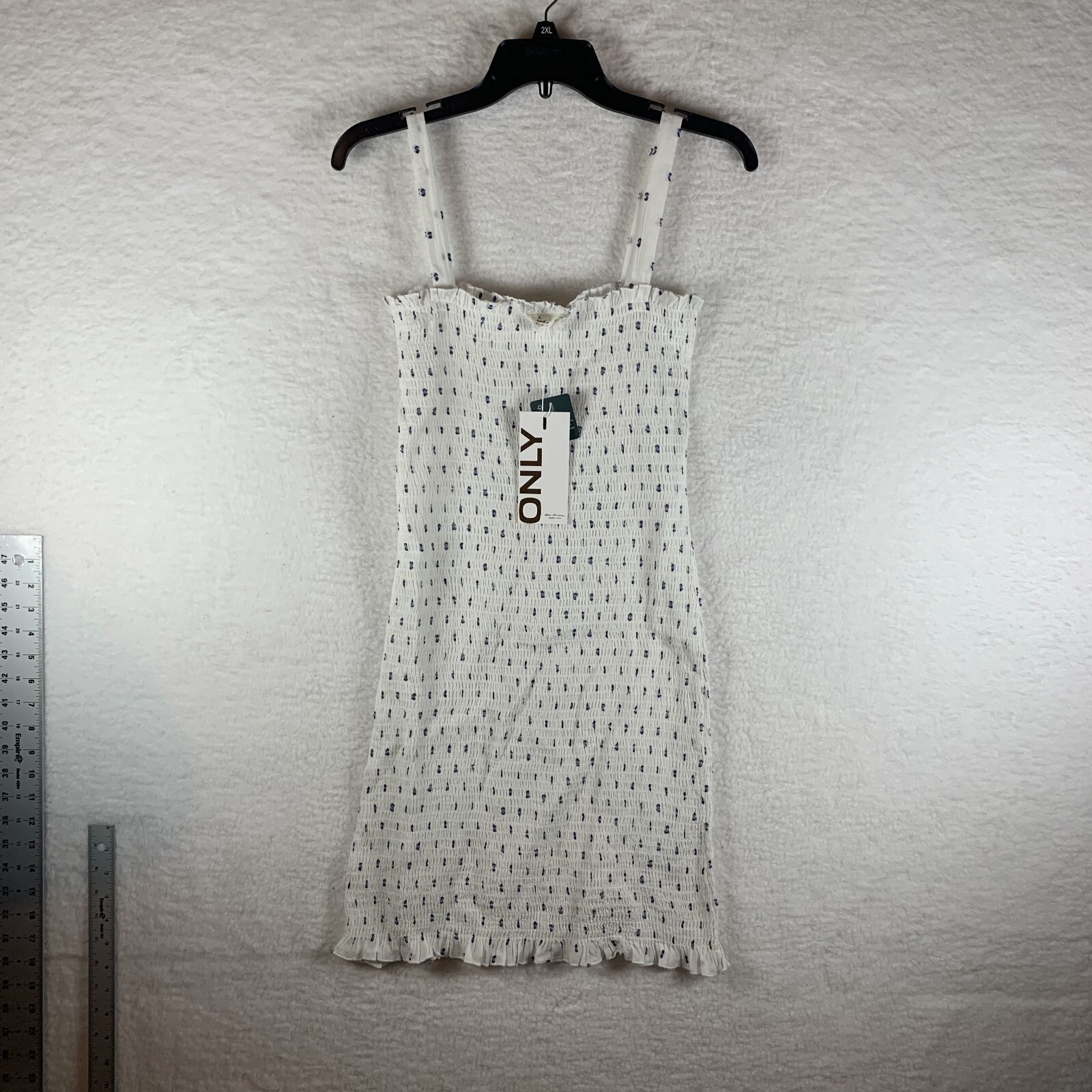 Only Smocked Dress Womens Size 38 White/Blue Dotted Wide Strap 100% Cotton 6398