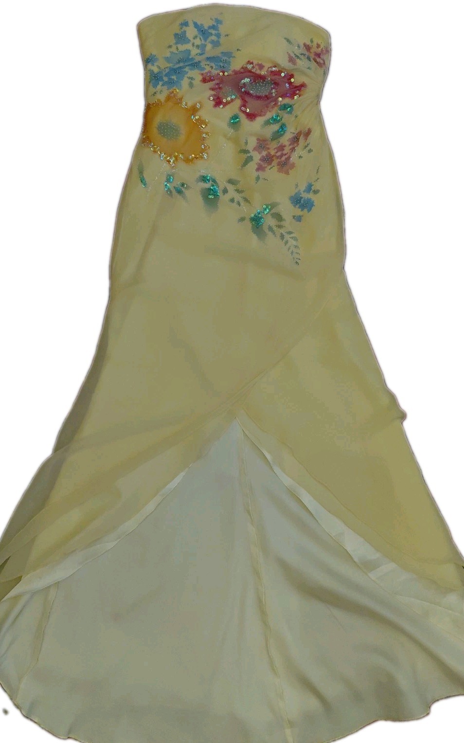 Vintage Cache Yellow Dress Maxi Beaded Floral Gown 2 S Silk Y2K Glam Evening