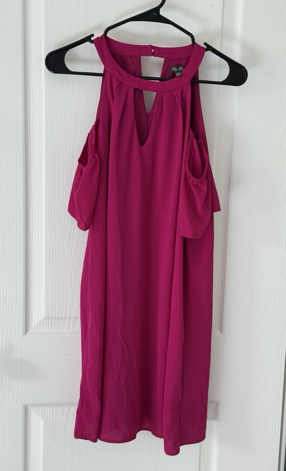 Lily Rose Pink Solid High Neck Cold Shoulder Ruffle Trapeze Swing Dress M