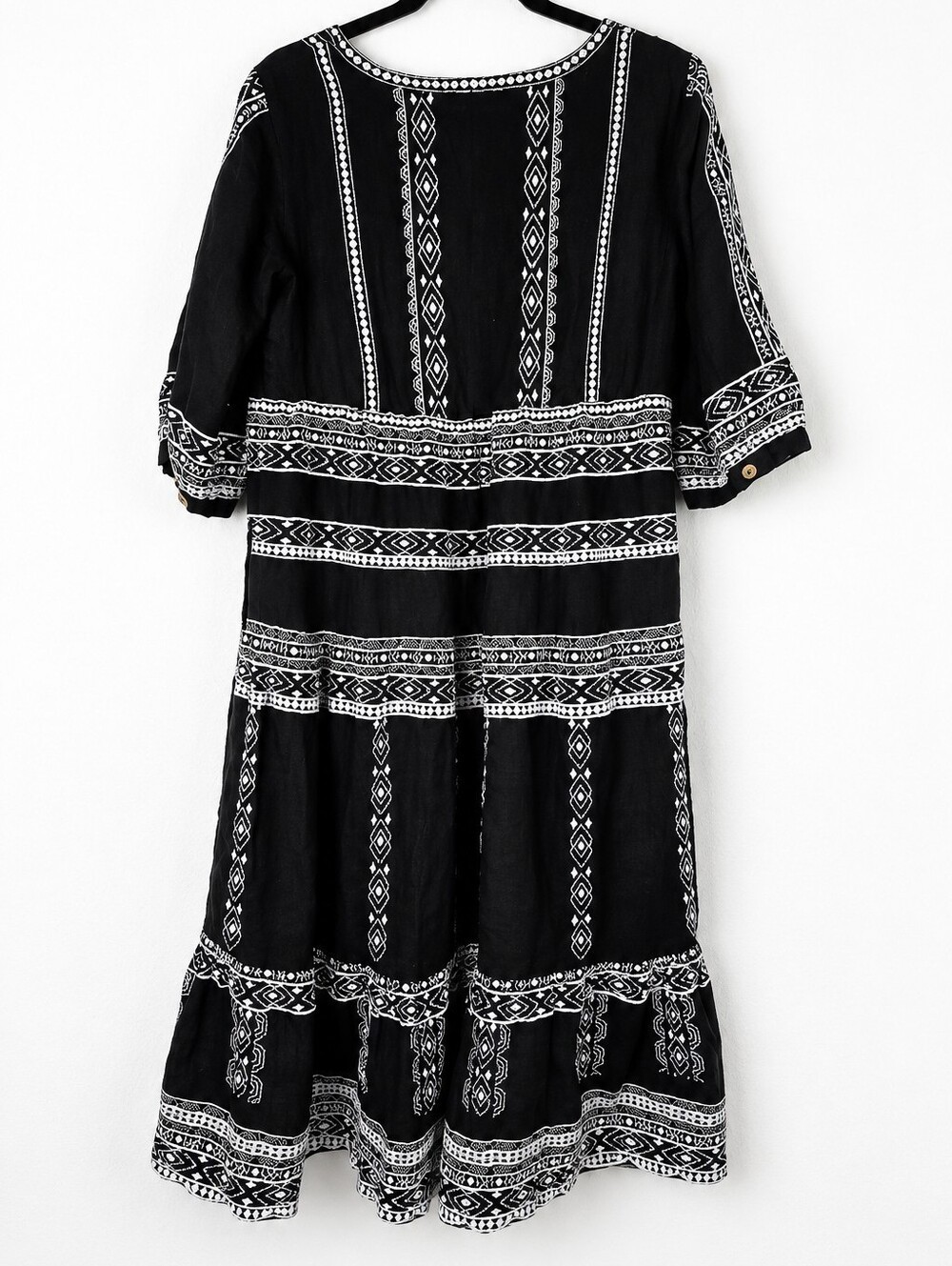 John Mark 100% Linen Black White Embroidered Tassel Tiered Dress Small