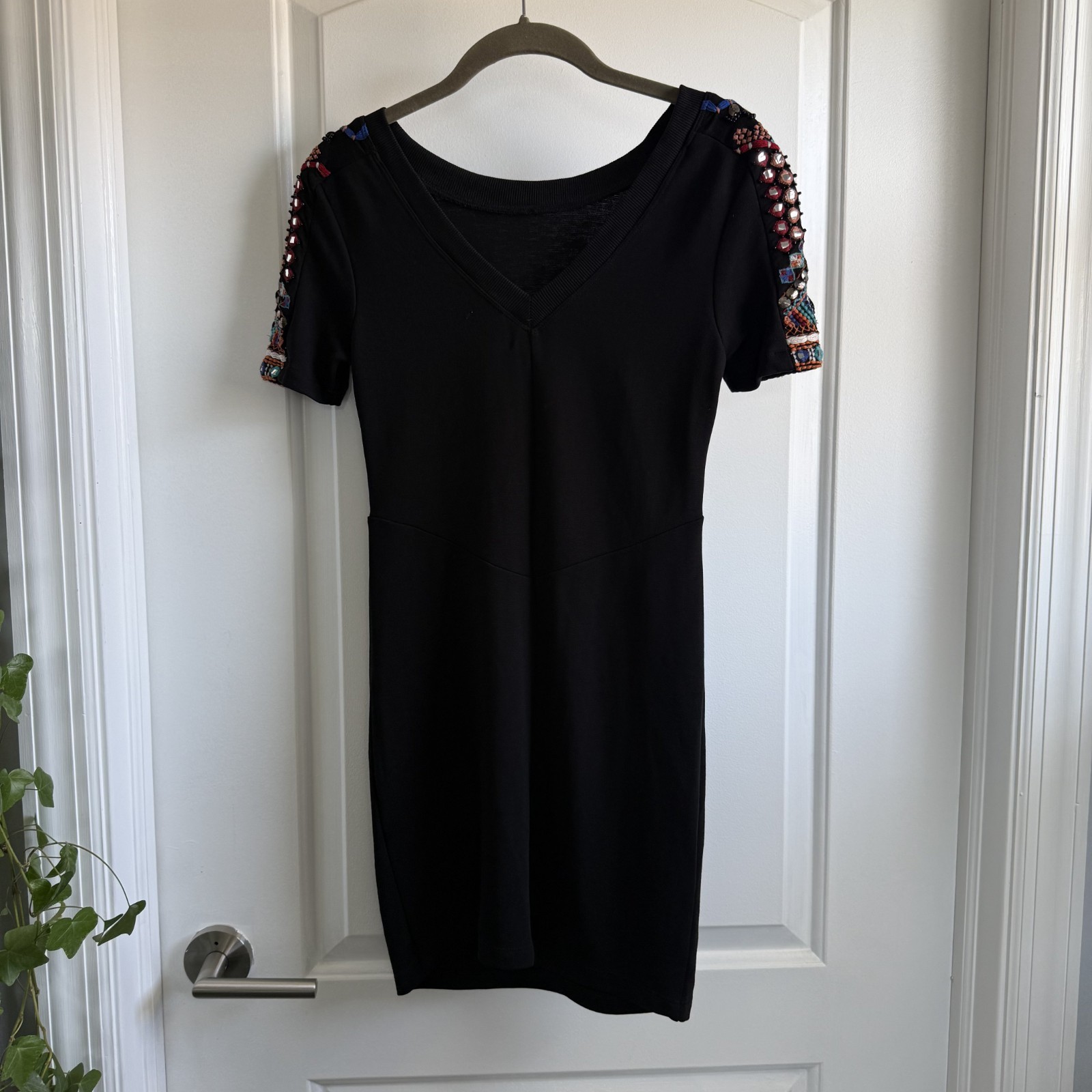 Zara Trafaluc Sz S Black Embellished Beaded Sleeve Fitted Mini Dress Whimsigoth