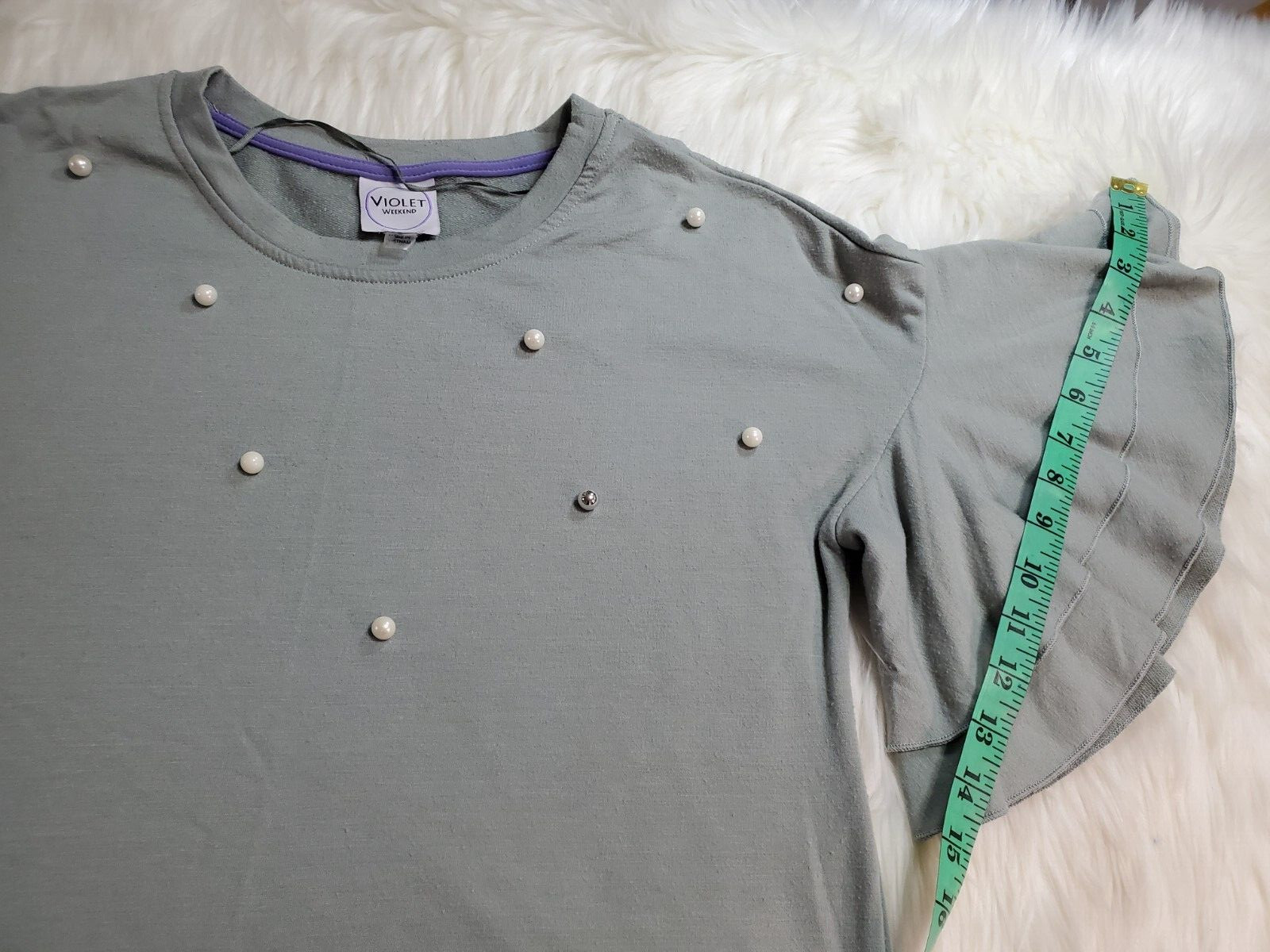 Violet Weekend Small Shift Dress Sweat Pearls Beaded Ruffle Sleeve Pockets Y-14