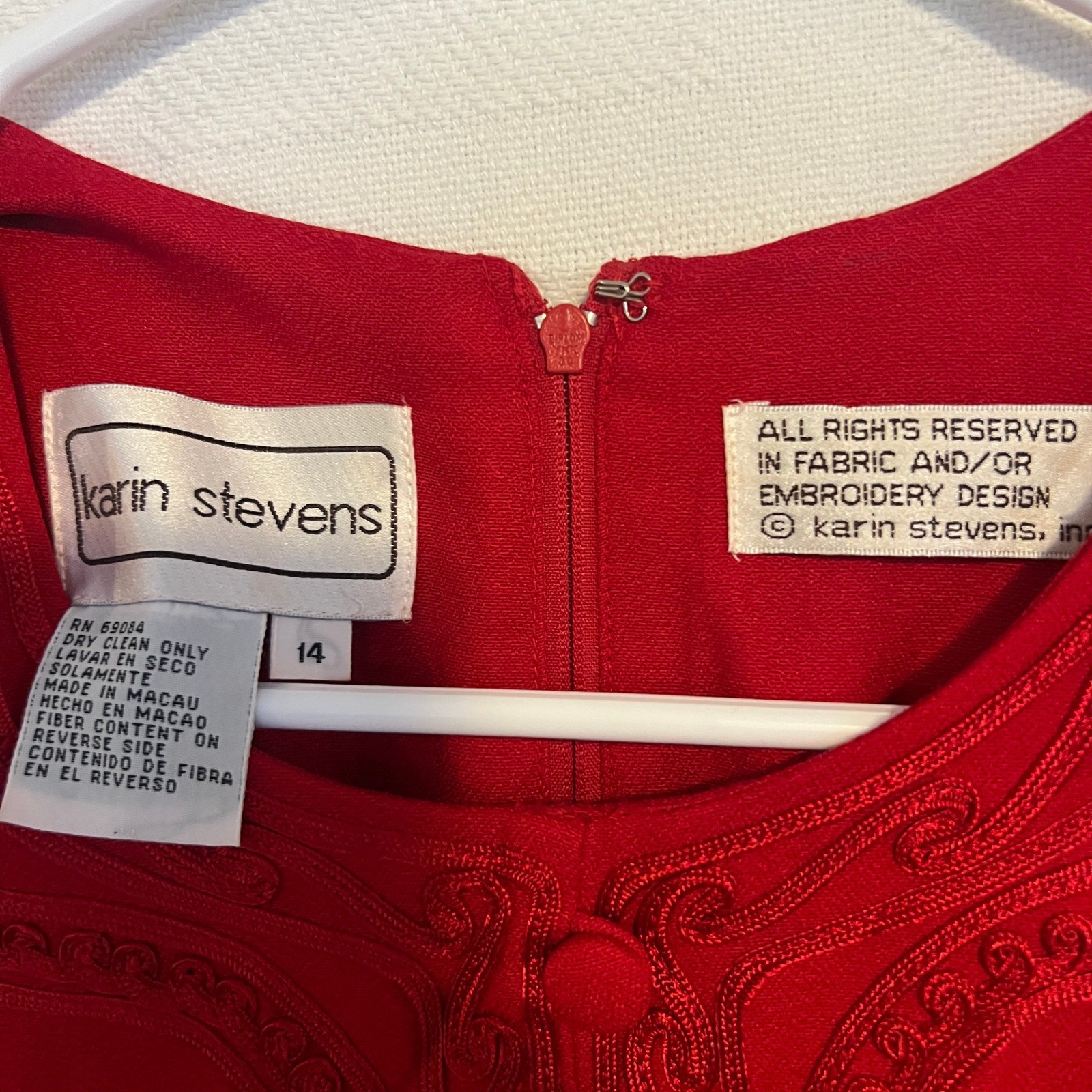 Karin Stevens Red Embroidered Button Front Dress Size 14 Long Sleeve