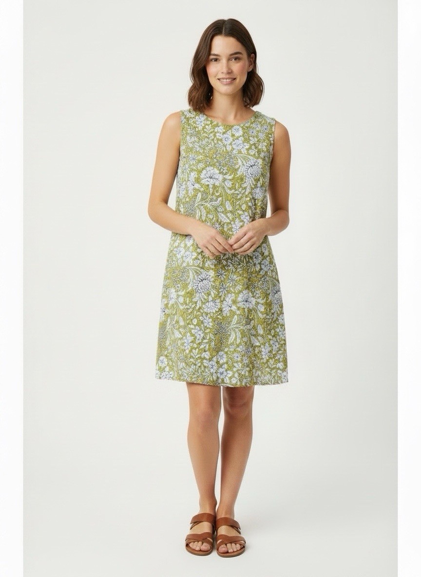 Rachel Ashwell Yellow White Floral Linen Sleeveless Shift Dress Women M 100% Lin