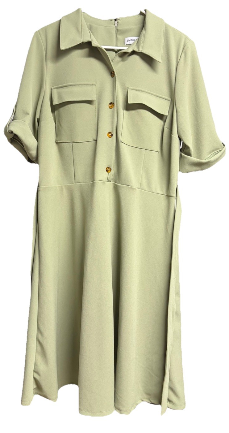 Shelby & Palmer Sage Green Utility Safari Midi Dress 16 Work Office Casual NWT