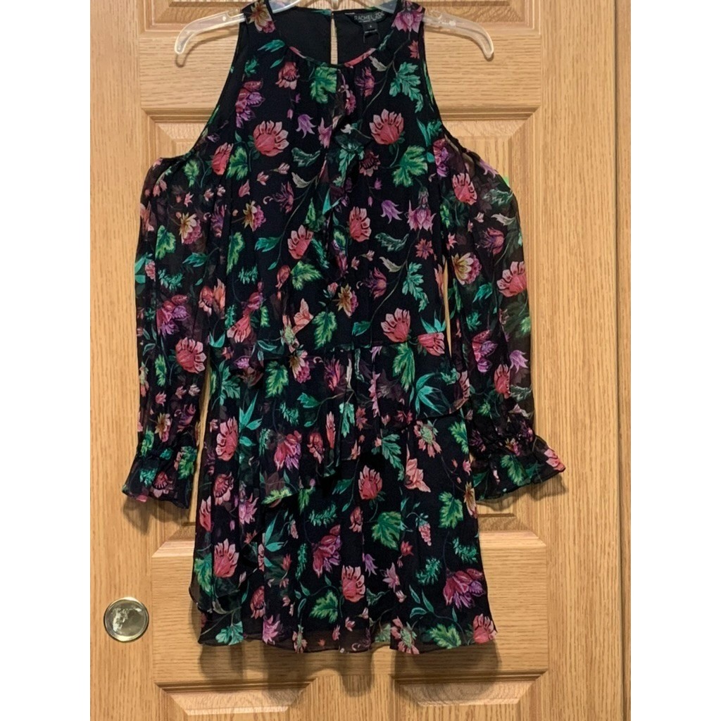 Rachel Zoe Jillian Silk Dress Sz 4 Cold Shoulder Floral Romantic Tiered Ruffle