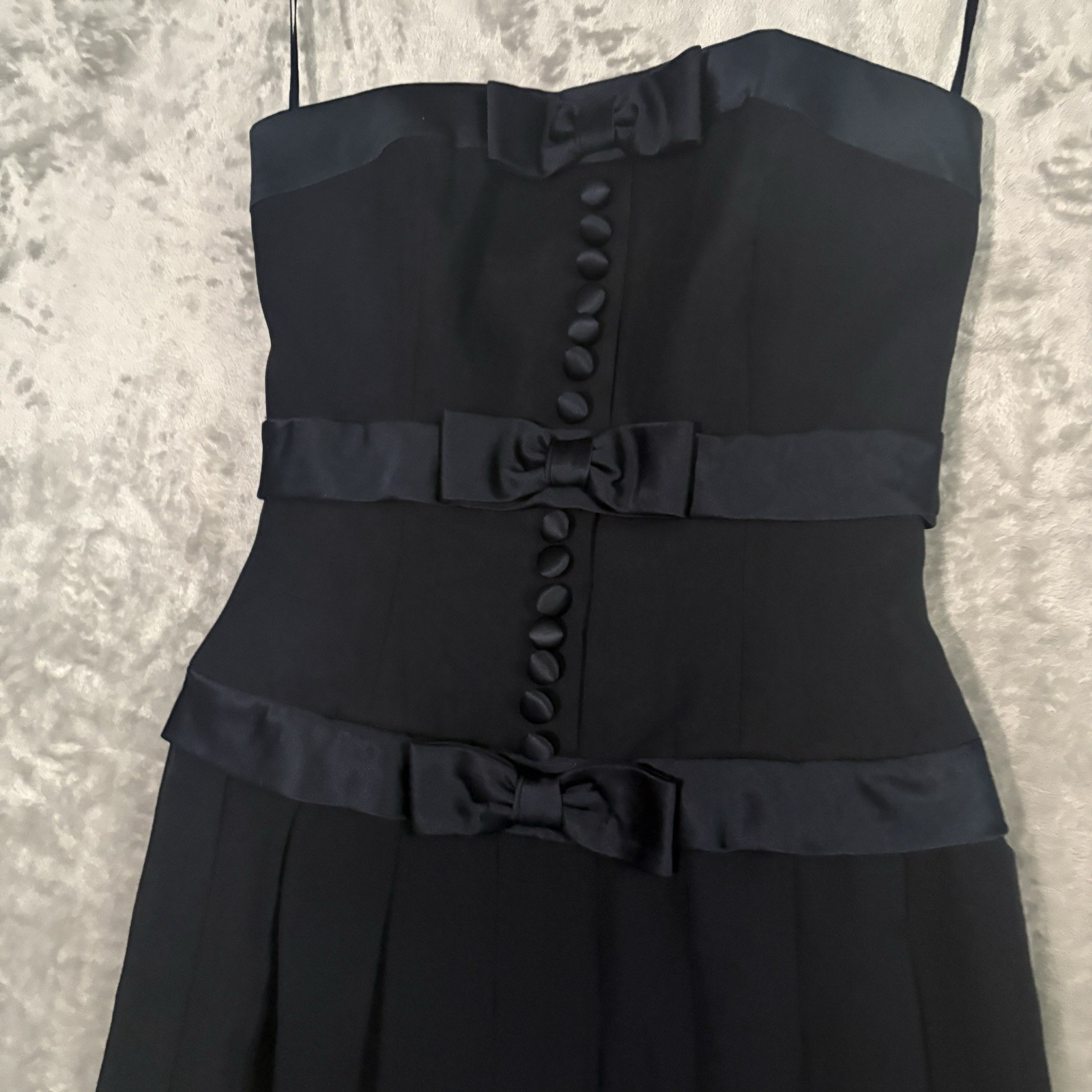 Y2k Silk Dress Navy Pleated Button & Bow 4 Kathryn Conover Chiffon Cocktail Mini