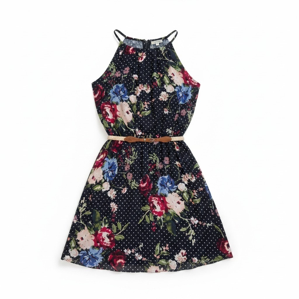 IZ BYER Floral Polka Dot Halter Dress Chiffon A-Line Belted Navy Blue NWT M