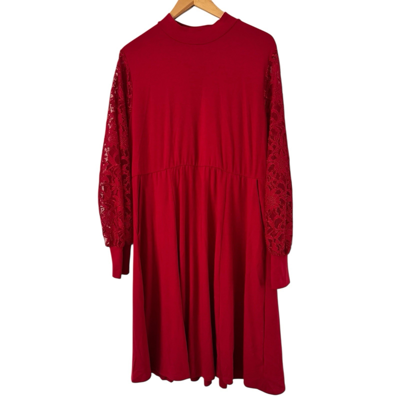 Torrid Red At The Knee Jersey Lace Sleeve Mock Neck Skater Dress Size 1X NEW