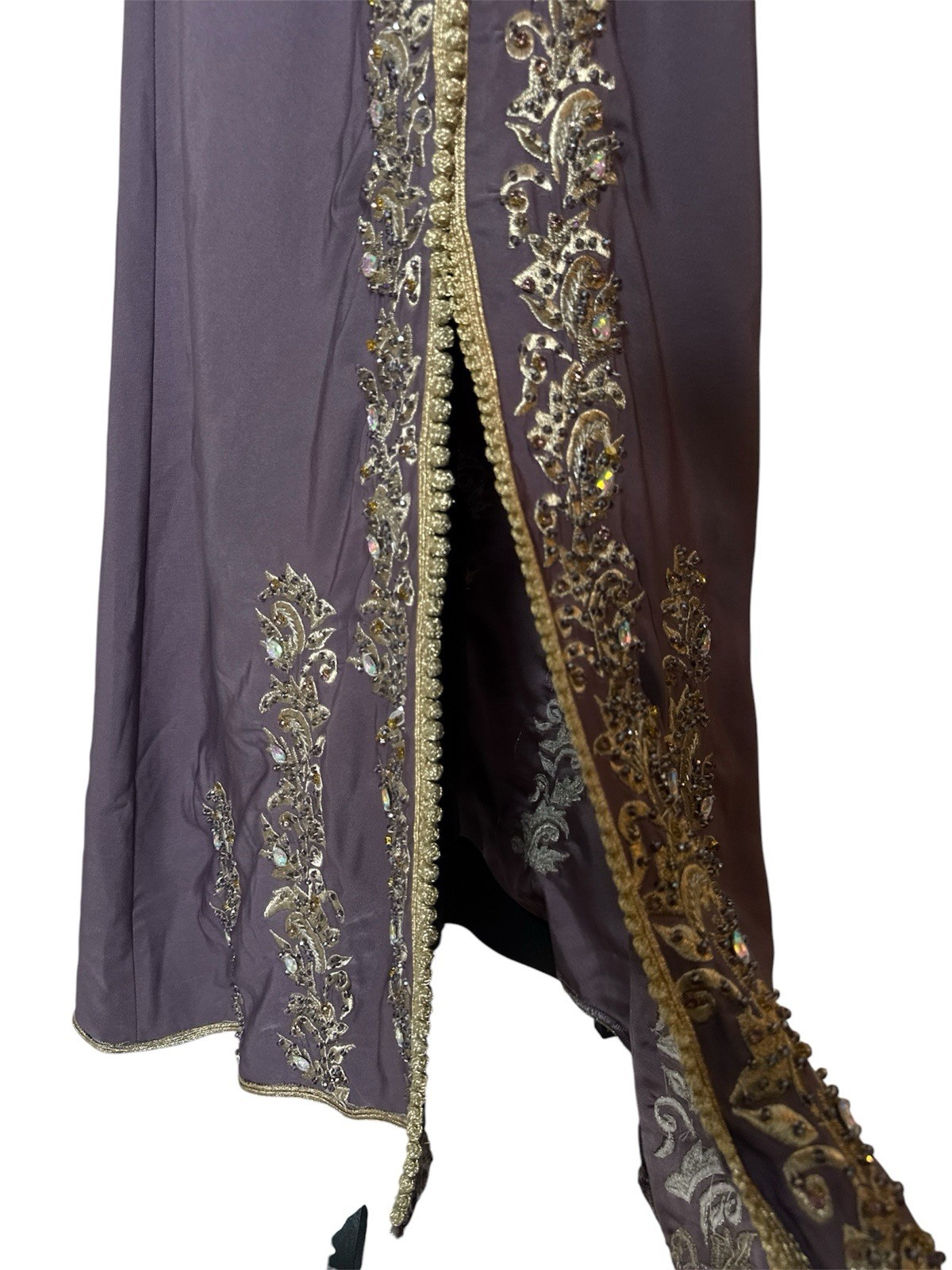 Embroidered Long Caftan Dress in Mauve with Gold Trim