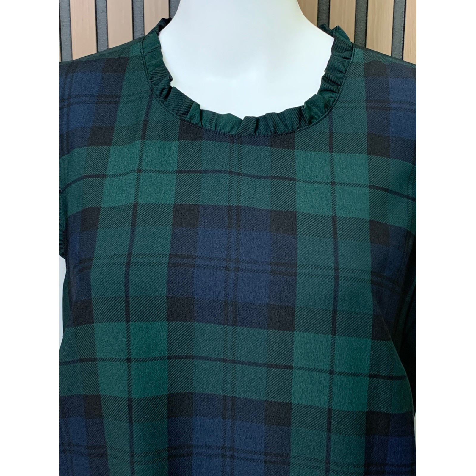 J.Crew Black Watch Plaid Ruffle Neck Shift Dress Green Blue Tartan Size 18