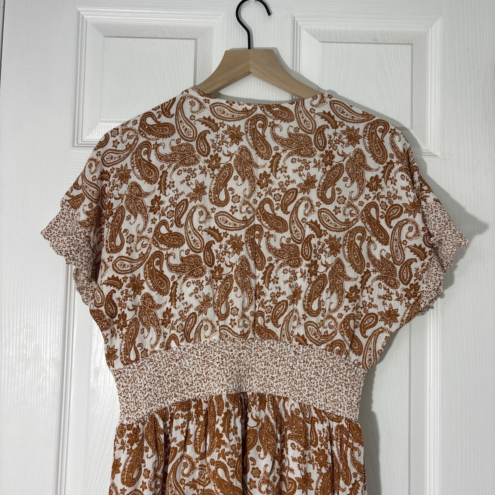 J GEE Rust Orange White Floral Bohemian Maxi Dress Lined V-Neck Flutter L Womens