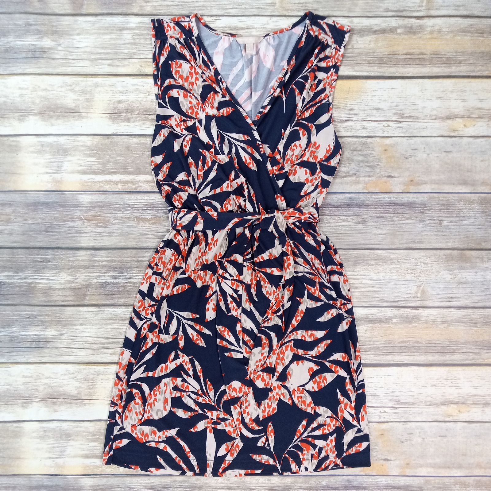 Banana Republic Faux Wrap Dress S Navy Orange Leaf Coastal Beachy Resort Church