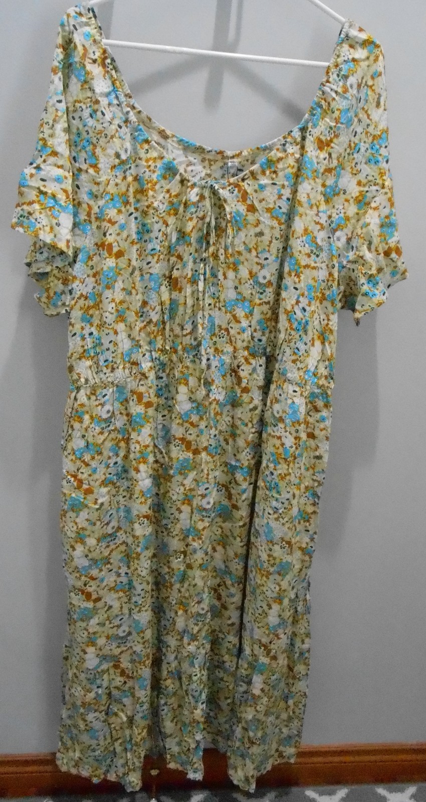 Women’s Yellow White Blue Brown Floral Short Sleeve Summer Midi Rayon Dress-3XL