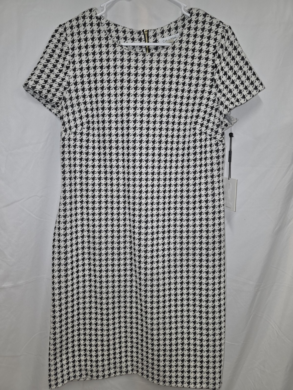 Calvin Klein NWT Midi Dress Size 12 Black and White Houndstooth Short Sleeve