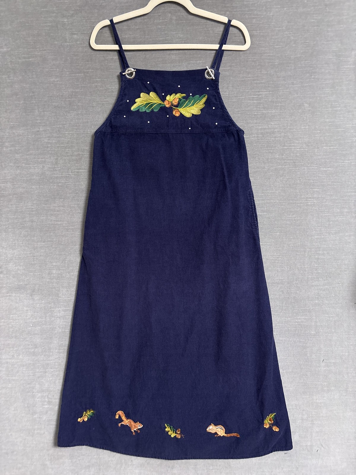 Quacker Factory Dress 6 Blue Corduroy Jumper Squirrel Acorn Midi Embroidered