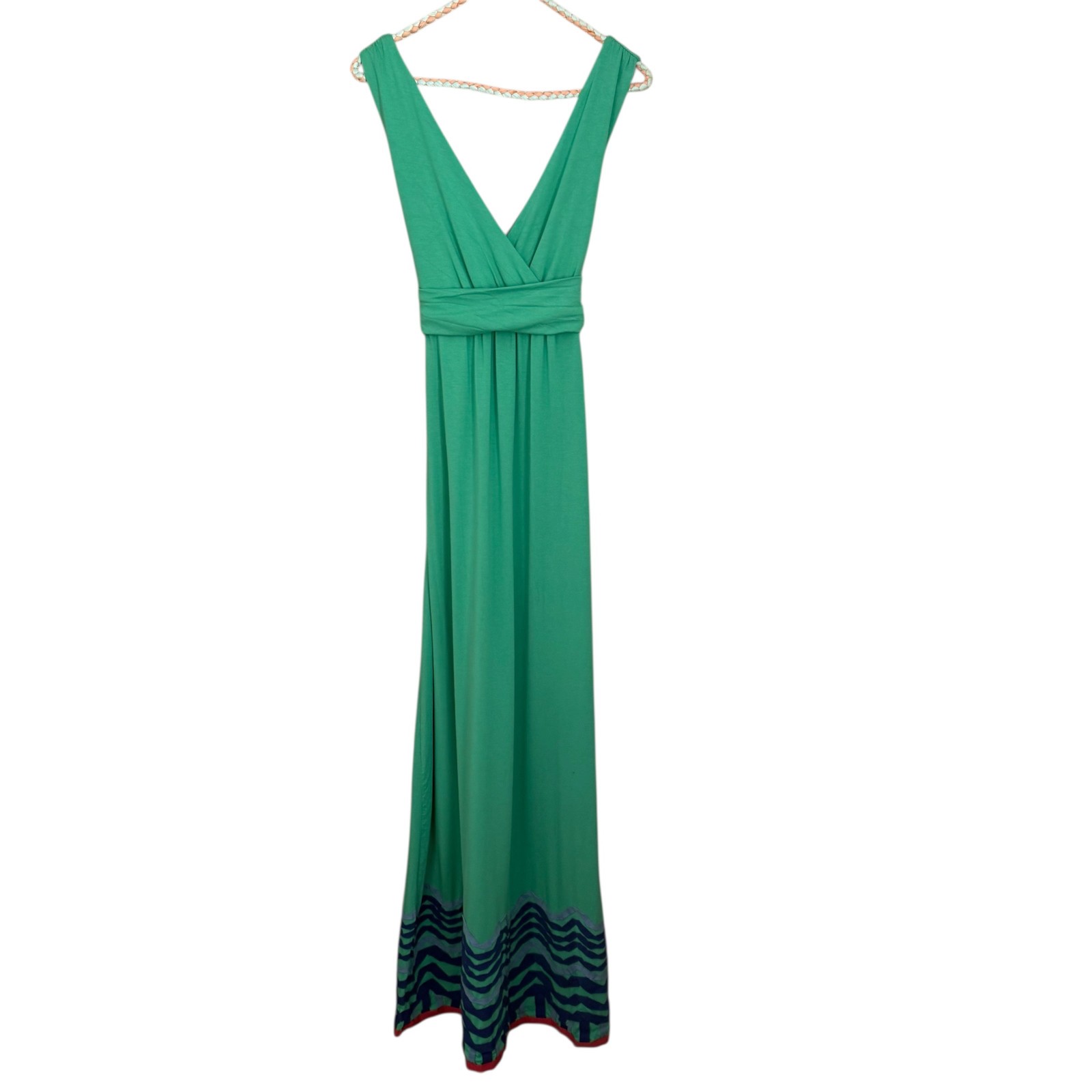 Boden Green Sleeveless Maxi Dress 12L Wave Applique Hem V-Neck Boho Chic Resort