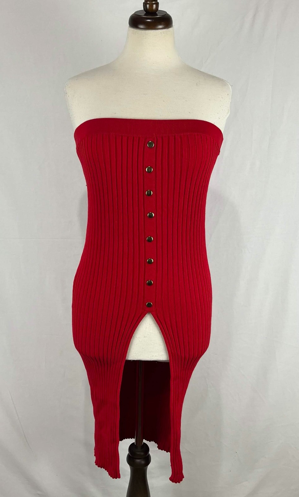EUC Hera Collection Womens Red Ribbed Knit Strapless Front Split Dress Size M