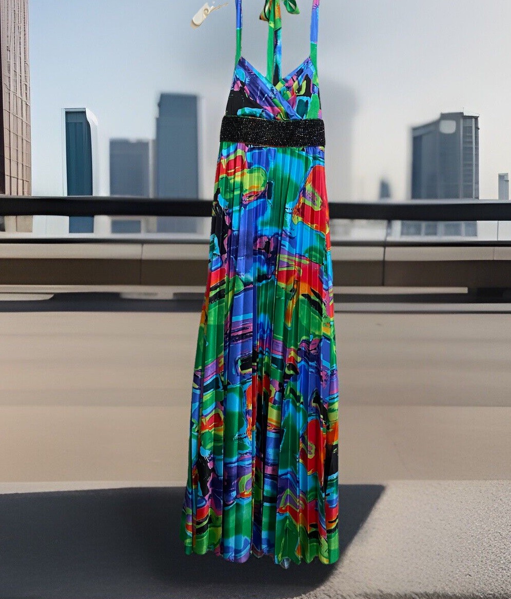 My Michelle S Colorful Pleated Satin Look Maxi Dress Beaded Empire Halter Gown
