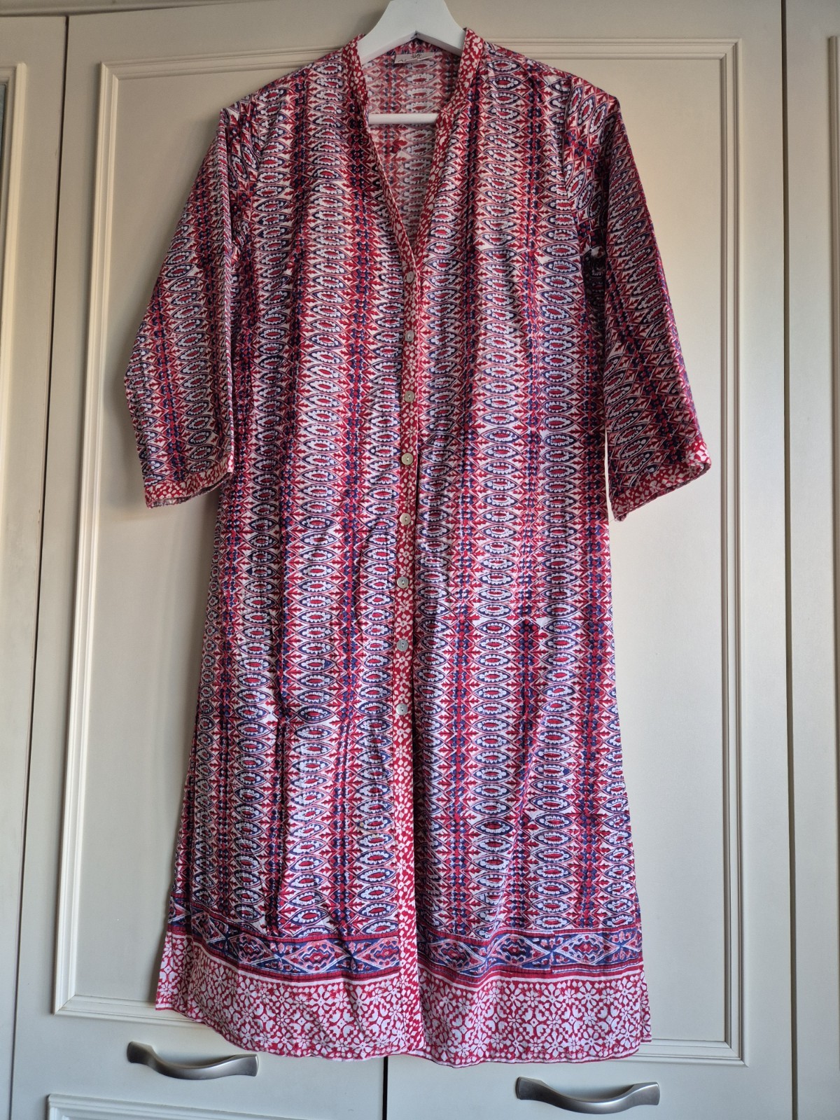 ANOKHI Dress Cotton Vintage Hand Block Printed Midi Length, Size Medium