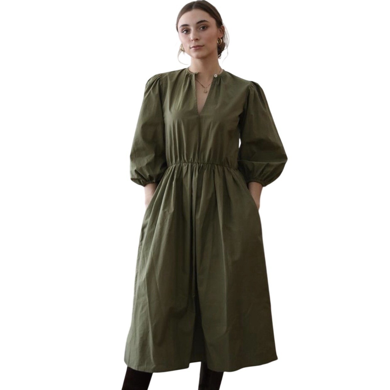 Mille Resort & Travel Saffron Midi Dress M Women Green Olive Puff Sleeve Cotton