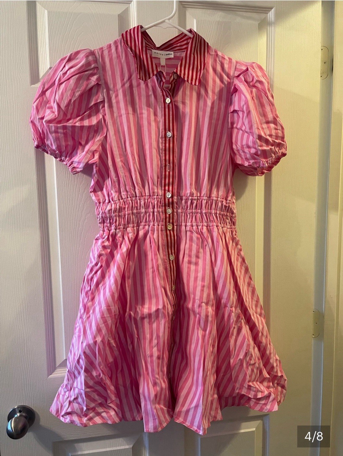 Entro Pink/White Striped Collared Button-Front Puff Sleeve Shirt Dress M