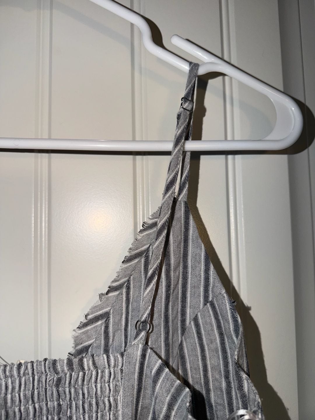 Millibon Grey and White Striped Button-Front Mini Dress with Frayed Edges