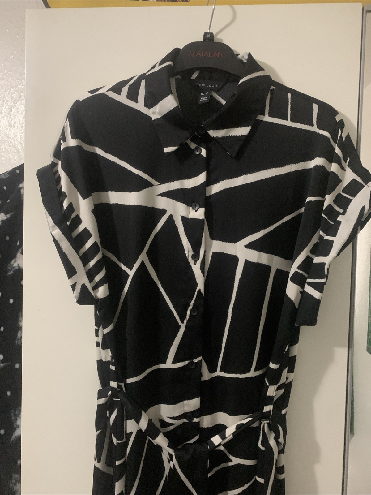 New Look Size 12 Pit To Pit 20in Black/White Belted Side Spilts Shirt Dress VGC
