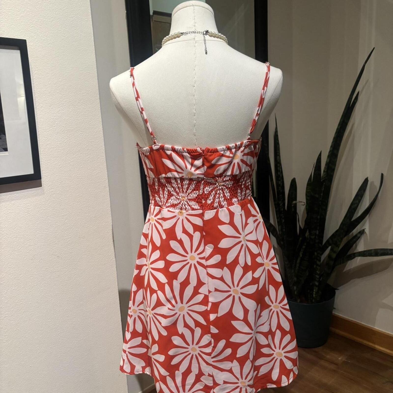 Retro Daisy Print Mini Dress Orange White Y2K Summer Beach Dress XS