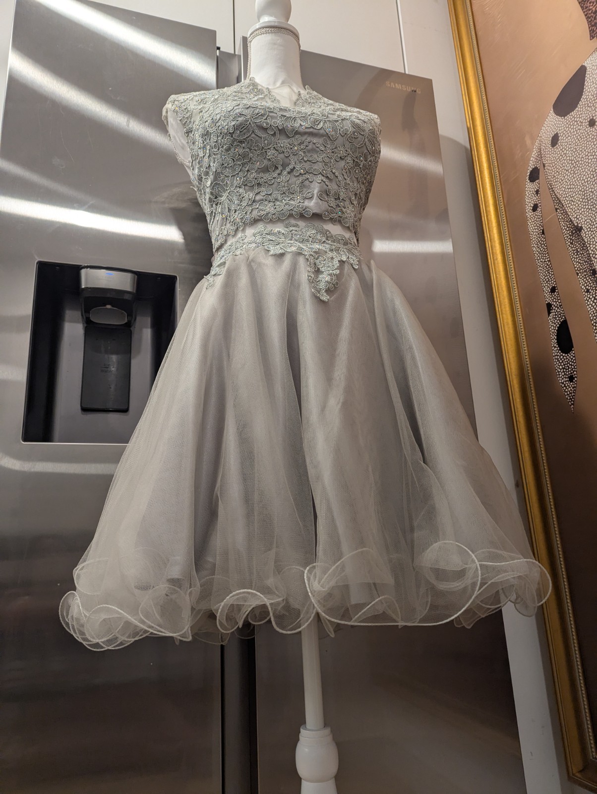 May Queen Size 12 Gray Beaded Embroidered Tulle V-Neck A-Line Knee Dress
