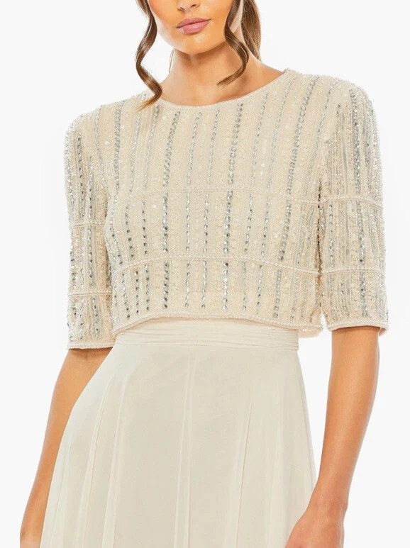 NWT Mac Duggal 9180 Beaded Bodice Chiffon Gown Nude Dress Champagne Ivory Sz 18