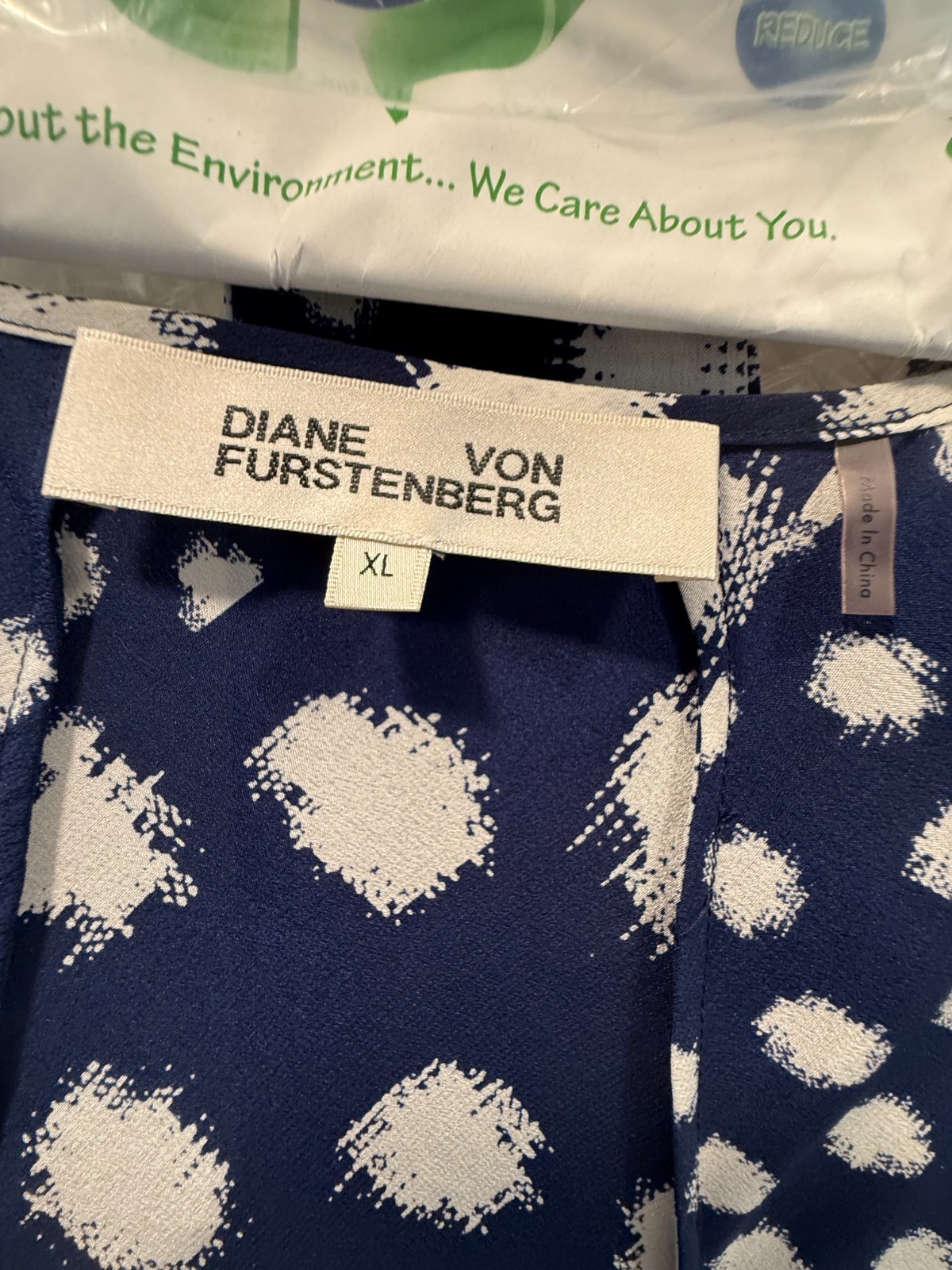 Diane Von Furstenberg Navy Cream Geometric Print Partial Wrap Dress XL EUC