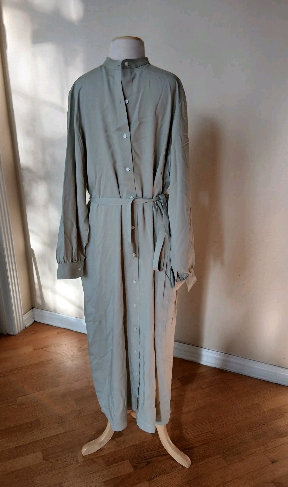 Uniqlo Kimono Cover Up Maxi Belted Light Green Dress Minimalistic Kaftan S/M