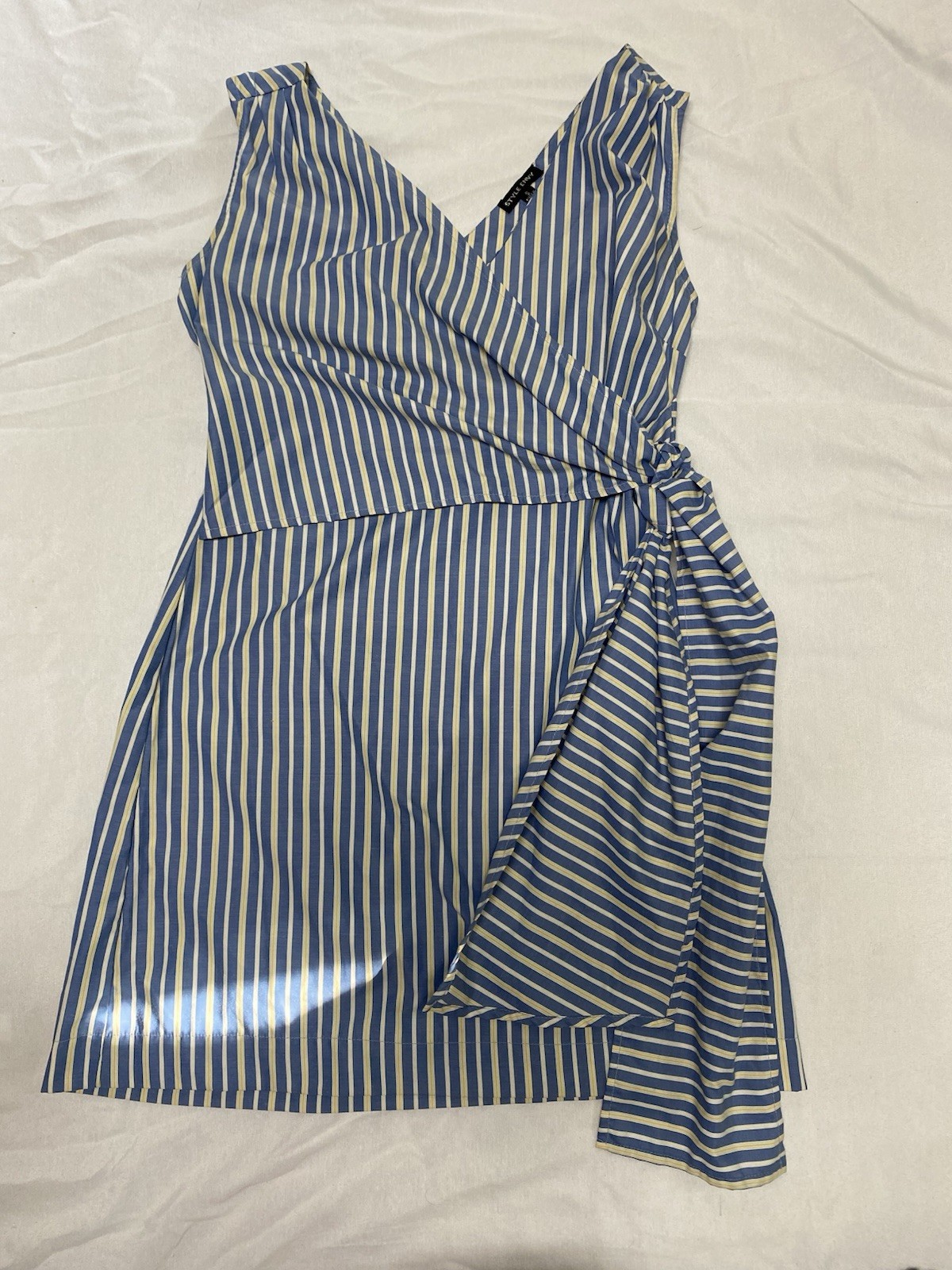 Style Envy Blue Yellow Striped Faux Wrap Dress Sleeveless Small (p)