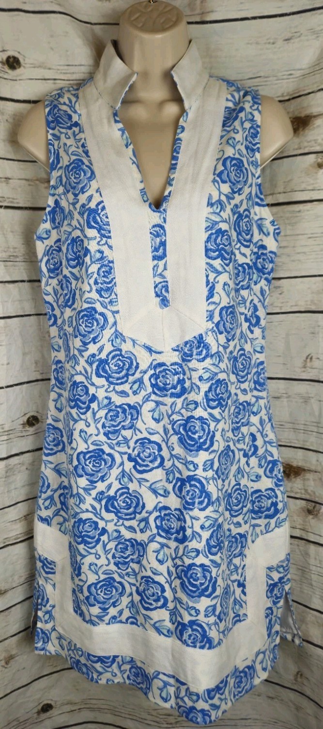 Sail to Sable Blue Floral Shift Dress S Linen Blend Sleeveless