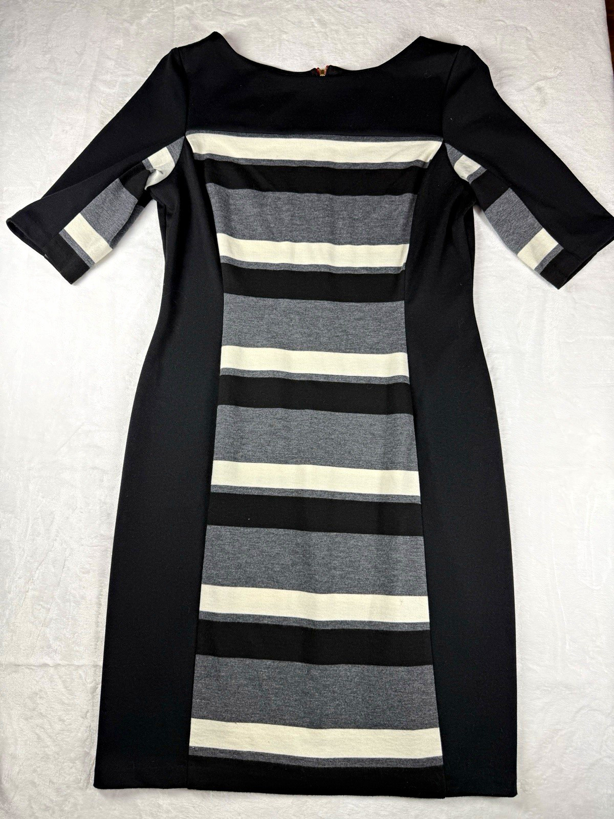Julian Taylor Black/Gray/White Striped Sheath Dress 14 3/4 Sleeve Red Zip