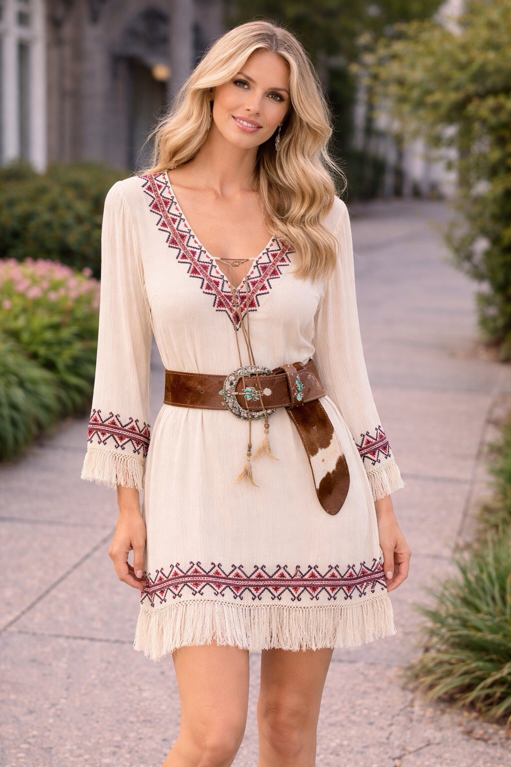 Miss Me Women Dress Cream V Lace Up . Fringe Long Sleeves