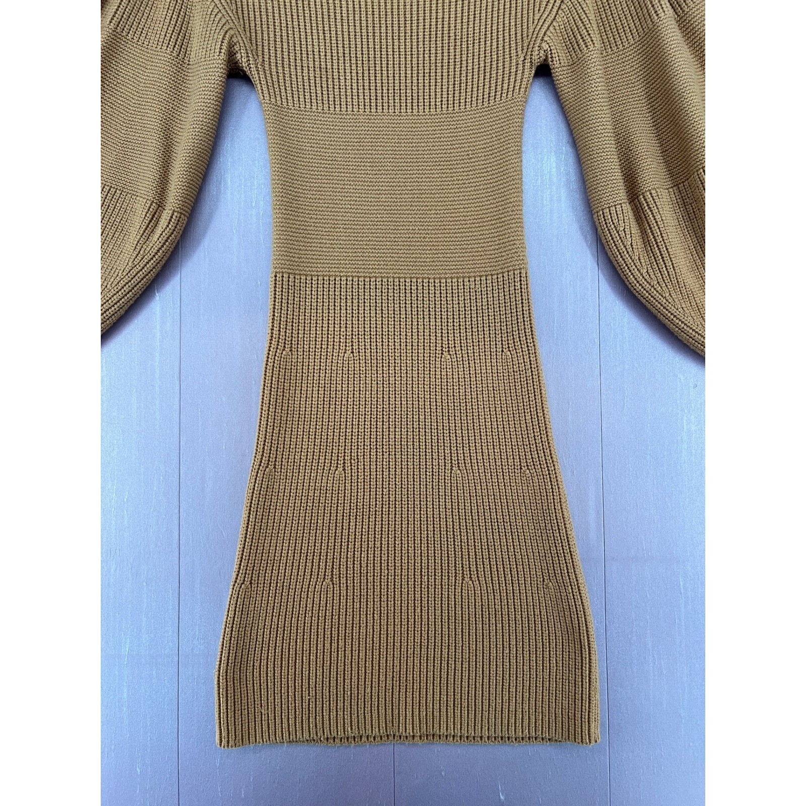 Staud Marleybone Neutral Camel Ribbed Knit Balloon Sleeve Mini Sweater Dress XS