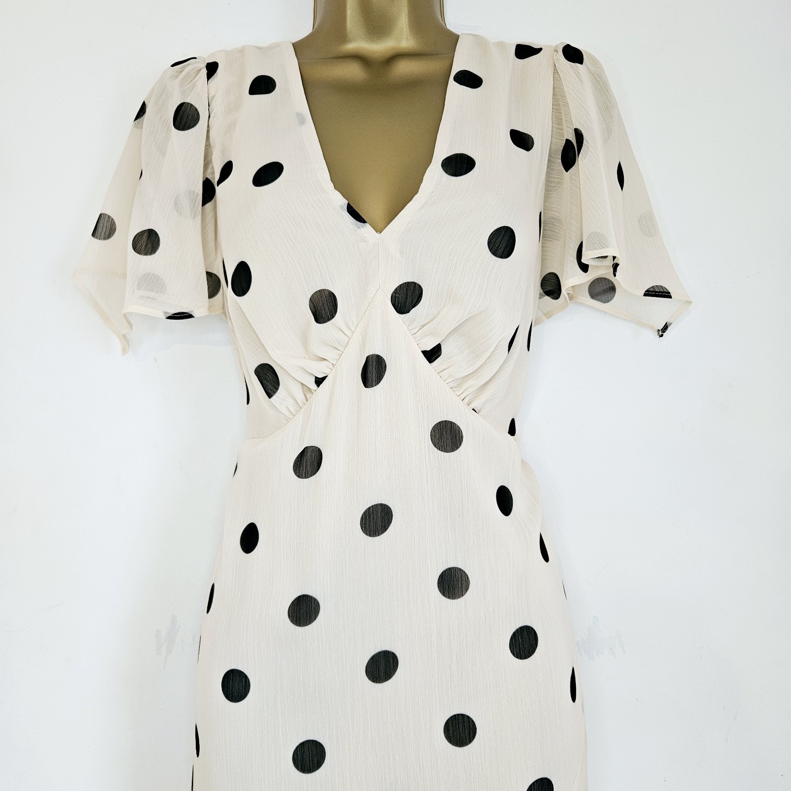 NEW ROMAN 12-24 Polka Dot Spotted Chiffon Beige Black Asymmetric Midi Tea Dress